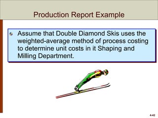 4-42
Assume that Double Diamond Skis uses the
weighted-average method of process costing
to determine unit costs in it Shaping and
Milling Department.
Production Report Example
 
