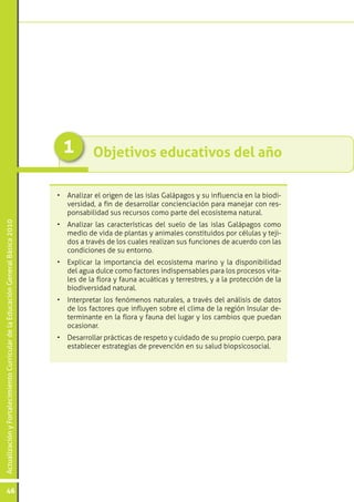 1         Objetivos educativos del año

                                                                                 •	 Analizar el origen de las islas Galápagos y su influencia en la biodi-
                                                                                    versidad, a fin de desarrollar concienciación para manejar con res-
                                                                                    ponsabilidad sus recursos como parte del ecosistema natural.
Actualización y Fortalecimiento Curricular de la Educación General Básica 2010




                                                                                 •	 Analizar las características del suelo de las islas Galápagos como
                                                                                    medio de vida de plantas y animales constituidos por células y teji-
                                                                                    dos a través de los cuales realizan sus funciones de acuerdo con las
                                                                                    condiciones de su entorno.
                                                                                 •	 Explicar la importancia del ecosistema marino y la disponibilidad
                                                                                    del agua dulce como factores indispensables para los procesos vita-
                                                                                    les de la flora y fauna acuáticas y terrestres, y a la protección de la
                                                                                    biodiversidad natural.
                                                                                 •	 Interpretar los fenómenos naturales, a través del análisis de datos
                                                                                    de los factores que influyen sobre el clima de la región Insular de-
                                                                                    terminante en la flora y fauna del lugar y los cambios que puedan
                                                                                    ocasionar.
                                                                                 •	 Desarrollar prácticas de respeto y cuidado de su propio cuerpo, para
                                                                                    establecer estrategias de prevención en su salud biopsicosocial.




           46
 