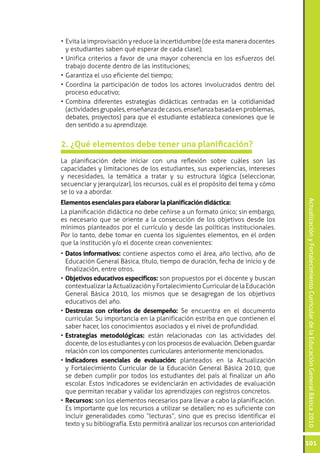 ActualizaciónyFortalecimientoCurriculardelaEducaciónGeneralBásica2010
101
•	Evita la improvisación y reduce la incertidumbre (de esta manera docentes
y estudiantes saben qué esperar de cada clase);
•	Unifica criterios a favor de una mayor coherencia en los esfuerzos del
trabajo docente dentro de las instituciones;
•	Garantiza el uso eficiente del tiempo;
•	Coordina la participación de todos los actores involucrados dentro del
proceso educativo;
•	Combina diferentes estrategias didácticas centradas en la cotidianidad
(actividadesgrupales,enseñanzadecasos,enseñanzabasadaenproblemas,
debates, proyectos) para que el estudiante establezca conexiones que le
den sentido a su aprendizaje.
2. ¿Qué elementos debe tener una planificación?
La planificación debe iniciar con una reflexión sobre cuáles son las
capacidades y limitaciones de los estudiantes, sus experiencias, intereses
y necesidades, la temática a tratar y su estructura lógica (seleccionar,
secuenciar y jerarquizar), los recursos, cuál es el propósito del tema y cómo
se lo va a abordar.
Elementos esenciales para elaborar la planificación didáctica:
La planificación didáctica no debe ceñirse a un formato único; sin embargo,
es necesario que se oriente a la consecución de los objetivos desde los
mínimos planteados por el currículo y desde las políticas institucionales.
Por lo tanto, debe tomar en cuenta los siguientes elementos, en el orden
que la institución y/o el docente crean convenientes:
•	Datos informativos: contiene aspectos como el área, año lectivo, año de
Educación General Básica, título, tiempo de duración, fecha de inicio y de
finalización, entre otros.
•	Objetivos educativos específicos: son propuestos por el docente y buscan
contextualizarlaActualizaciónyFortalecimientoCurriculardelaEducación
General Básica 2010, los mismos que se desagregan de los objetivos
educativos del año.
•	Destrezas con criterios de desempeño: Se encuentra en el documento
curricular. Su importancia en la planificación estriba en que contienen el
saber hacer, los conocimientos asociados y el nivel de profundidad.
•	Estrategias metodológicas: están relacionadas con las actividades del
docente, de los estudiantes y con los procesos de evaluación. Deben guardar
relación con los componentes curriculares anteriormente mencionados.
•	Indicadores esenciales de evaluación: planteados en la Actualización
y Fortalecimiento Curricular de la Educación General Básica 2010, que
se deben cumplir por todos los estudiantes del país al finalizar un año
escolar. Estos indicadores se evidenciarán en actividades de evaluación
que permitan recabar y validar los aprendizajes con registros concretos.
•	Recursos: son los elementos necesarios para llevar a cabo la planificación.
Es importante que los recursos a utilizar se detallen; no es suficiente con
incluir generalidades como “lecturas”, sino que es preciso identificar el
texto y su bibliografía. Esto permitirá analizar los recursos con anterioridad
 