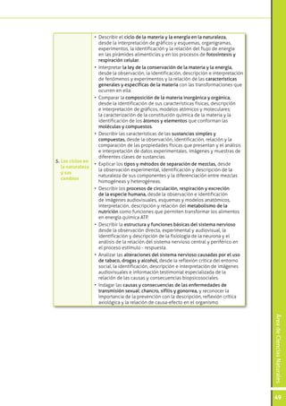 ÁreadeCienciasNaturales
49
5. Los ciclos en
la naturaleza
y sus
cambios
•	 Describir el ciclo de la materia y la energía en la naturaleza,
desde la interpretación de gráficos y esquemas, organigramas,
experimentos, la identificación y la relación del flujo de energía
en las pirámides alimenticias y en los procesos de fotosíntesis y
respiración celular.
•	 Interpretar la ley de la conservación de la materia y la energía,
desde la observación, la identificación, descripción e interpretación
de fenómenos y experimentos y la relación de las características
generales y específicas de la materia con las transformaciones que
ocurren en ella.
•	 Comparar la composición de la materia inorgánica y orgánica,
desde la identificación de sus características físicas, descripción
e interpretación de gráficos, modelos atómicos y moleculares;
la caracterización de la constitución química de la materia y la
identificación de los átomos y elementos que conforman las
moléculas y compuestos.
•	 Describir las características de las sustancias simples y
compuestas, desde la observación, identificación, relación y la
comparación de las propiedades físicas que presentan y el análisis
e interpretación de datos experimentales, imágenes y muestras de
diferentes clases de sustancias.
•	 Explicar los tipos y métodos de separación de mezclas, desde
la observación experimental, identificación y descripción de la
naturaleza de sus componentes y la diferenciación entre mezclas
homogéneas y heterogéneas.
•	 Describir los procesos de circulación, respiración y excreción
de la especie humana, desde la observación e identificación
de imágenes audiovisuales, esquemas y modelos anatómicos,
interpretación, descripción y relación del metabolismo de la
nutrición como funciones que permiten transformar los alimentos
en energía química ATP.
•	 Describir la estructura y funciones básicas del sistema nervioso
desde la observación directa, experimental y audiovisual, la
identificación y descripción de la fisiología de la neurona y el
análisis de la relación del sistema nervioso central y periférico en
el proceso estímulo - respuesta.
•	 Analizar las alteraciones del sistema nervioso causadas por el uso
de tabaco, drogas y alcohol, desde la reflexión crítica del entorno
social, la identificación, descripción e interpretación de imágenes
audiovisuales e información testimonial especializada de la
relación de las causas y consecuencias biopsicosociales.
•	 Indagar las causas y consecuencias de las enfermedades de
transmisión sexual: chancro, sífilis y gonorrea, y reconocer la
importancia de la prevención con la descripción, reflexión crítica
axiológica y la relación de causa-efecto en el organismo.
 