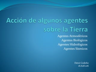 Agentes Atmosféricos 
Agentes Biológicos 
Agentes Hidrológicos 
Agentes Sísmicos 
Detzi Cedeño 
16.628.106 
 