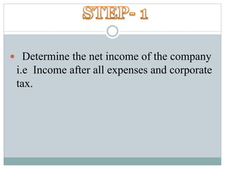  Determine the net income of the company
i.e Income after all expenses and corporate
tax.
 