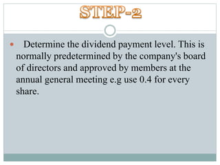  Determine the dividend payment level. This is
normally predetermined by the company's board
of directors and approved by members at the
annual general meeting e.g use 0.4 for every
share.
 