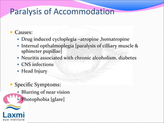 Paralysis of Accommodation
 Causes:
 Drug induced cycloplegia –atropine ,homatropine
 Internal opthalmoplegia [paralysi...