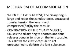 MECHANISM OF ACCOMMODATION
• WHEN THE EYE IS AT REST; The ciliary ring is
large and keeps the zonules tense. because of
zonules tension the lens is kept
compressed(flat)by the capsule.
• CONTRACTION OF THE CILIARY MUSCLE;
Causes the ciliary ring to shorten and thus
releases zonular tension on the lens capsule.
This allows the elastic capsule to act
unrestrained to deform the lens substance.
 