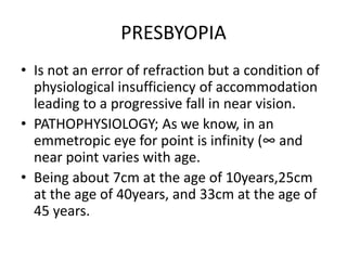 PRESBYOPIA
• Is not an error of refraction but a condition of
physiological insufficiency of accommodation
leading to a progressive fall in near vision.
• PATHOPHYSIOLOGY; As we know, in an
emmetropic eye for point is infinity (∞ and
near point varies with age.
• Being about 7cm at the age of 10years,25cm
at the age of 40years, and 33cm at the age of
45 years.
 