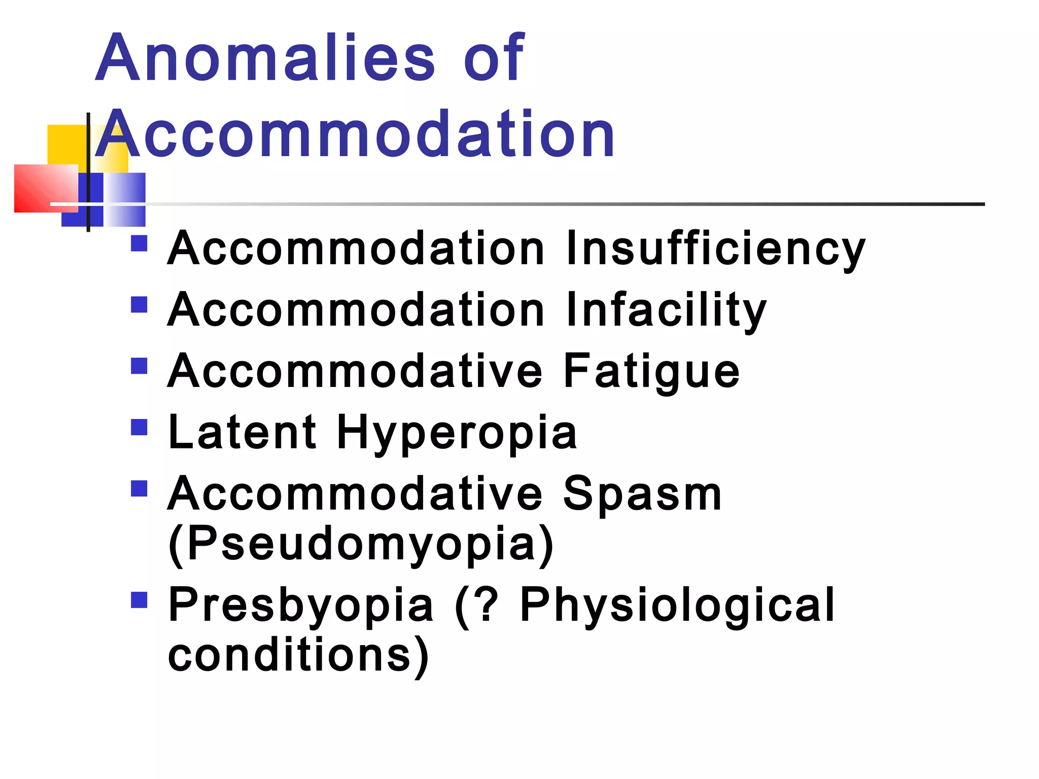 Anomalies of
Accommodation
 Accommodation Insufficiency
 Accommodation Infacility
 Accommodative Fatigue
 Latent Hyperopia
 Accommodative Spasm
(Pseudomyopia)
 Presbyopia (? Physiological
conditions)
 