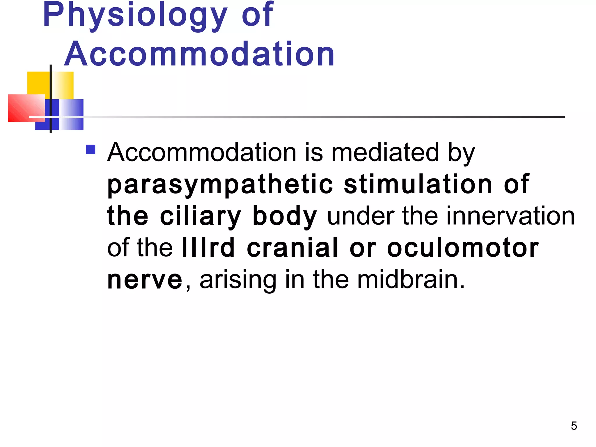 5
 Accommodation is mediated by
parasympathetic stimulation of
the ciliary body under the innervation
of the IIIrd cranial or oculomotor
nerve, arising in the midbrain.
Physiology of
Accommodation
 