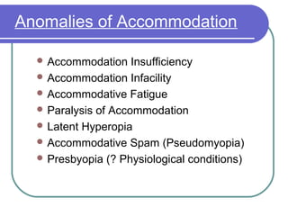 Accommodation Insufficiency
 Accommodative response is significantly
less than accommodative stimulus
 Signs &Symptoms:
...