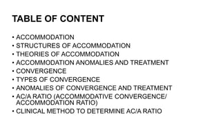 TABLE OF CONTENT
• ACCOMMODATION
• STRUCTURES OF ACCOMMODATION
• THEORIES OF ACCOMMODATION
• ACCOMMODATION ANOMALIES AND TREATMENT
• CONVERGENCE
• TYPES OF CONVERGENCE
• ANOMALIES OF CONVERGENCE AND TREATMENT
• AC/A RATIO (ACCOMMODATIVE CONVERGENCE/
ACCOMMODATION RATIO)
• CLINICAL METHOD TO DETERMINE AC/A RATIO
 
