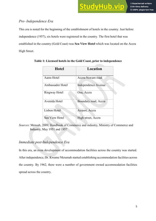 5
Pre- Independence Era
This era is noted for the beginning of the establishment of hotels in the country. Just before
independence (1957), six hotels were registered in the country. The first hotel that was
established in the country (Gold Coast) was Sea View Hotel which was located on the Accra
High Street.
Table 1: Licensed hotels in the Gold Coast, prior to independence
Hotel Location
Aams Hotel Accra-Nswam road
Ambassador Hotel Independence Avenue
Ringway Hotel Osu, Accra
Avenida Hotel Boundary road, Accra
Lisbon Hotel Airport, Accra
Sea View Hotel High street, Accra
Sources: Mensah, 2009; Handbook of Commerce and industry, Ministry of Commerce and
Industry, May 1951 and 1957
Immediate post-Independence Era
In this era, an even development of accommodation facilities across the country was started.
After independence, Dr. Kwame Nkrumah started establishing accommodation facilities across
the country. By 1962, there were a number of government owned accommodation facilities
spread across the country.
 