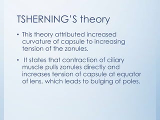 TSHERNING’S theory
• This theory attributed increased
curvature of capsule to increasing
tension of the zonules.
• It states that contraction of ciliary
muscle pulls zonules directly and
increases tension of capsule at equator
of lens, which leads to bulging of poles.

 