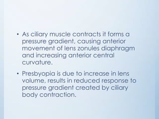 • As ciliary muscle contracts it forms a
pressure gradient, causing anterior
movement of lens zonules diaphragm
and increasing anterior central
curvature.
• Presbyopia is due to increase in lens
volume, results in reduced response to
pressure gradient created by ciliary
body contraction.

 