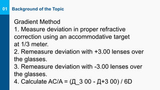 Background of the Topic01
Gradient Method
1. Measure deviation in proper refractive
correction using an accommodative target
at 1/3 meter.
2. Remeasure deviation with +3.00 lenses over
the glasses.
3. Remeasure deviation with -3.00 lenses over
the glasses.
4. Calculate AC/A = (Д_3 00 - Д+3 00) / 6D
 