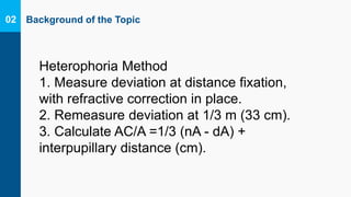Background of the Topic02
Heterophoria Method
1. Measure deviation at distance fixation,
with refractive correction in place.
2. Remeasure deviation at 1/3 m (33 cm).
3. Calculate AC/A =1/3 (nA - dA) +
interpupillary distance (cm).
 