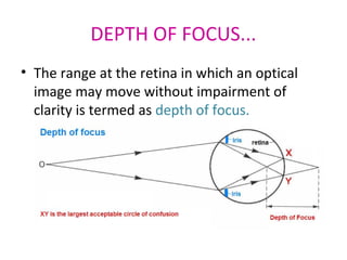 DEPTH OF FOCUS...
• The range at the retina in which an optical
image may move without impairment of
clarity is termed as depth of focus.
 