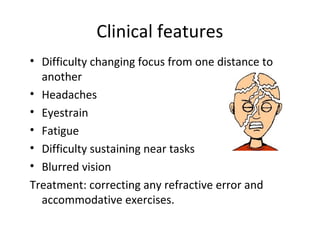 Clinical features
• Difficulty changing focus from one distance to
another
• Headaches
• Eyestrain
• Fatigue
• Difficulty sustaining near tasks
• Blurred vision
Treatment: correcting any refractive error and
accommodative exercises.
 