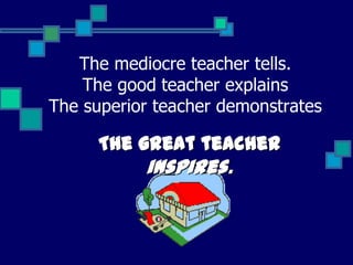 The mediocre teacher tells.
    The good teacher explains
The superior teacher demonstrates

      The great teacher
           inspires.
 