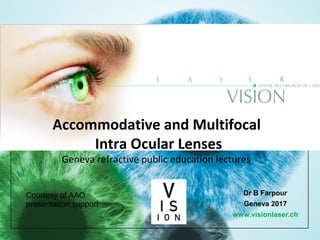 Cataract Surgery
Dr B Farpour
Geneva 2017
www.visionlaser.ch
Accommodative and Multifocal
Intra Ocular Lenses
Geneva refractive public education lectures
Courtesy of AAO
presentation support
 
