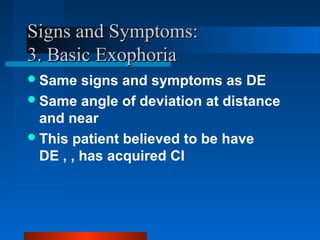 Signs and Symptoms:Signs and Symptoms:
3. Basic Exophoria3. Basic Exophoria
Same signs and symptoms as DE
Same angle of deviation at distance
and near
This patient believed to be have
DE , , has acquired CI
 