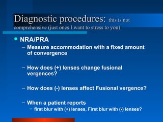 Diagnostic procedures:Diagnostic procedures: this is notthis is not
comprehensive (just ones I want to stress to you)comprehensive (just ones I want to stress to you)
 NRA/PRA
– Measure accommodation with a fixed amount
of convergence
– How does (+) lenses change fusional
vergences?
– How does (-) lenses affect Fusional vergence?
– When a patient reports
• first blur with (+) lenses, First blur with (-) lenses?
 