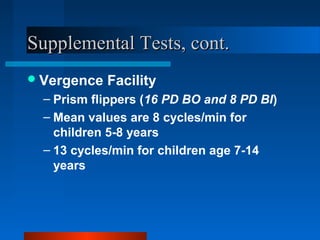 Supplemental Tests, cont.Supplemental Tests, cont.
Vergence Facility
– Prism flippers (16 PD BO and 8 PD BI)
– Mean values are 8 cycles/min for
children 5-8 years
– 13 cycles/min for children age 7-14
years
 