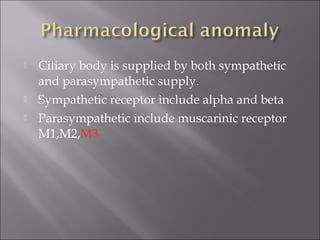  Ciliary body is supplied by both sympathetic
and parasympathetic supply.
 Sympathetic receptor include alpha and beta
 Parasympathetic include muscarinic receptor
M1,M2,M3
 