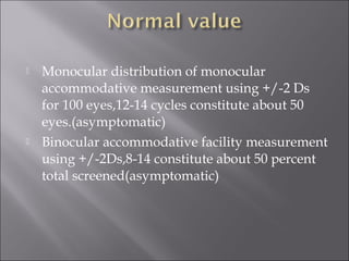  Monocular distribution of monocular
accommodative measurement using +/-2 Ds
for 100 eyes,12-14 cycles constitute about 50
eyes.(asymptomatic)
 Binocular accommodative facility measurement
using +/-2Ds,8-14 constitute about 50 percent
total screened(asymptomatic)
 