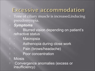  Tone of ciliary muscle is increased,inducing
pseudomyopia.
 Symptoms
 ·        Blurred vision depending on patient’s 
refractive status
 ·        Macropsia
 ·        Asthenopia during close work
 ·        Pain (brows/headache)
 ·        Poor concentration 
 Miosis
  Convergence anomalies (excess or 
insufficiency) 
 