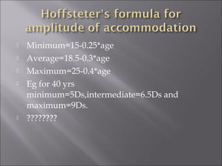  Minimum=15-0.25*age
 Average=18.5-0.3*age
 Maximum=25-0.4*age
 Eg for 40 yrs
minimum=5Ds,intermediate=6.5Ds and
maximum=9Ds.
 ????????
 