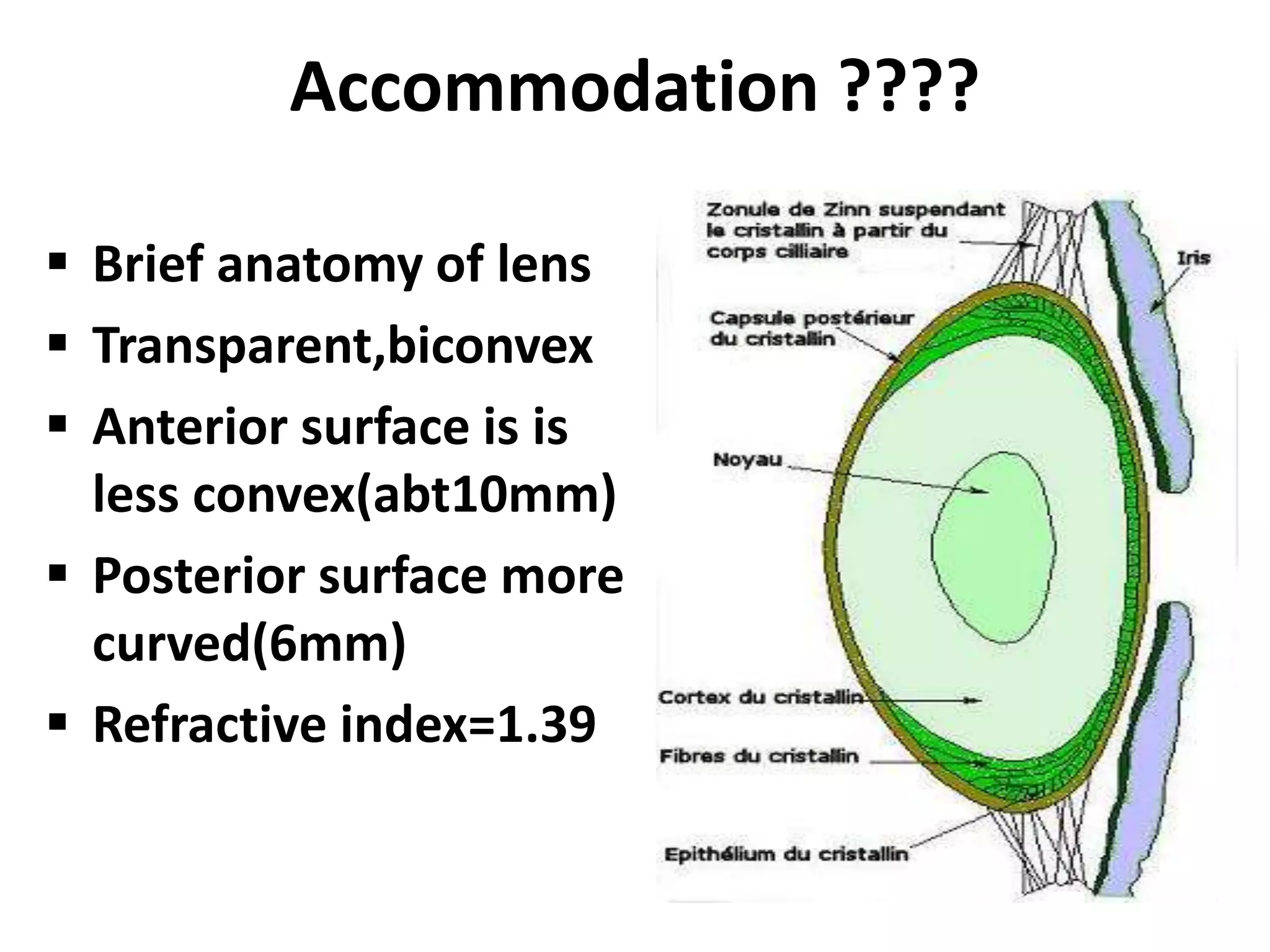Accommodation ????
 Brief anatomy of lens
 Transparent,biconvex
 Anterior surface is is
less convex(abt10mm)
 Posterior surface more
curved(6mm)
 Refractive index=1.39
 