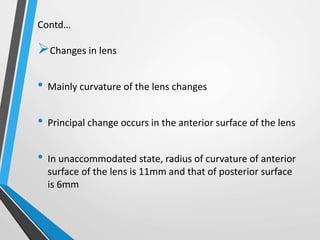 Contd…
Changes in lens
• Mainly curvature of the lens changes
• Principal change occurs in the anterior surface of the lens
• In unaccommodated state, radius of curvature of anterior
surface of the lens is 11mm and that of posterior surface
is 6mm
 