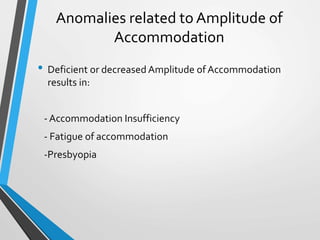 Anomalies related to Amplitude of
Accommodation
• Deficient or decreased Amplitude of Accommodation
results in:
- Accommodation Insufficiency
- Fatigue of accommodation
-Presbyopia
 