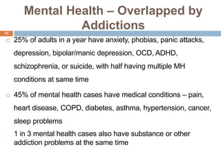 Mental Health – Overlapped by
13
                 Addictions
    25% of adults in a year have anxiety, phobias, panic attacks,
     depression, bipolar/manic depression, OCD, ADHD,
     schizophrenia, or suicide, with half having multiple MH
     conditions at same time

    45% of mental health cases have medical conditions – pain,
     heart disease, COPD, diabetes, asthma, hypertension, cancer,
     sleep problems
     1 in 3 mental health cases also have substance or other
     addiction problems at the same time
 