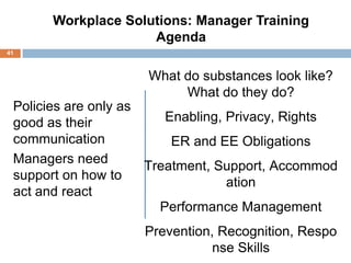 Workplace Solutions: Manager Training
                     Agenda
41



                     What do substances look like?
                          What do they do?
 Policies are only as
 good as their           Enabling, Privacy, Rights
 communication            ER and EE Obligations
 Managers need
                      Treatment, Support, Accommod
 support on how to
                                   ation
 act and react
                        Performance Management
                    Prevention, Recognition, Respo
                               nse Skills
 
