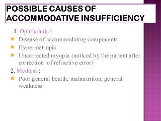 1. Ophthalmic :
 Disease of accommodating components
 Hypermetropia
 Uncorrected myopia (noticed by the patient after
correction of refractive error)
2. Medical :
 Poor general health, malnutrition, general
weakness
 