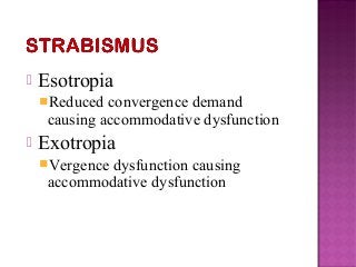  Esotropia
Reduced convergence demand
causing accommodative dysfunction
 Exotropia
Vergence dysfunction causing
accommodative dysfunction
 