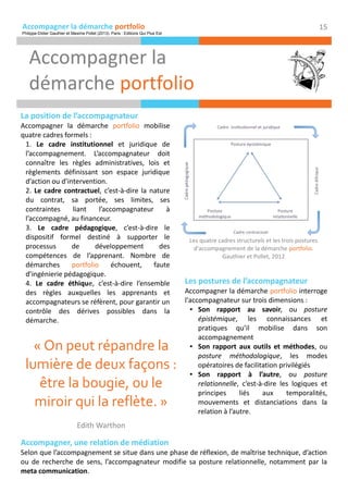 Accompagner la démarche portfolio
Accompagner la
démarche portfolio
15
« On peut répandre la
lumière de deux façons :
être la bougie, ou le
miroir qui la reflète. »
Edith Warthon
Les postures de l’accompagnateur
Accompagner la démarche portfolio interroge
l'accompagnateur sur trois dimensions :
● Son rapport au savoir, ou posture
épistémique, les connaissances et
pratiques qu’il mobilise dans son
accompagnement
● Son rapport aux outils et méthodes, ou
posture méthodologique, les modes
opératoires de facilitation privilégiés
● Son rapport à l’autre, ou posture
relationnelle, c’est-à-dire les logiques et
principes liés aux temporalités,
mouvements et distanciations dans la
relation à l’autre.
Les quatre cadres structurels et les trois postures
d'accompagnement de la démarche portfolio.
Gauthier et Pollet, 2012
La position de l’accompagnateur
Accompagner la démarche portfolio mobilise
quatre cadres formels :
1. Le cadre institutionnel et juridique de
l’accompagnement. L’accompagnateur doit
connaître les règles administratives, lois et
règlements définissant son espace juridique
d’action ou d’intervention.
2. Le cadre contractuel, c’est-à-dire la nature
du contrat, sa portée, ses limites, ses
contraintes liant l’accompagnateur à
l’accompagné, au financeur.
3. Le cadre pédagogique, c’est-à-dire le
dispositif formel destiné à supporter le
processus de développement des
compétences de l’apprenant. Nombre de
démarches portfolio échouent, faute
d’ingénierie pédagogique.
4. Le cadre éthique, c’est-à-dire l’ensemble
des règles auxquelles les apprenants et
accompagnateurs se réfèrent, pour garantir un
contrôle des dérives possibles dans la
démarche.
Accompagner, une relation de médiation
Selon que l’accompagnement se situe dans une phase de réflexion, de maîtrise technique, d’action
ou de recherche de sens, l’accompagnateur modifie sa posture relationnelle, notamment par la
meta communication.
Philippe-Didier Gauthier et Maxime Pollet (2013). Paris : Editions Qui Plus Est
 
