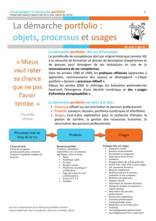 La démarche portfolio :
objets, processus et usages
Accompagner la démarche portfolio
La démarche portfolio : 60 ans d'évolution
Le portefeuille de compétences doit son origine historique (années 50)
à la nécessité de formaliser un dossier de description d’expériences et
de preuves pour témoigner de ses réalisations en vue de la
reconnaissance de ses compétences.
Dans les années 1980 et 1990, les pratiques réflexives (apprendre à
apprendre, reconnaissance des acquis) se développent. « L’objet
portfolio » devient « processus réflexif ».
Depuis les années 2000, le chômage, les évolutions postmodernes
favorisent l’émergence d'une identité numérique et des « usages
d’ePortfolio d’employabilité ».
La démarche portfolio est donc à la fois :
● Processus réflexif sur son orientation et parcours professionnel.
● Produits, classeurs, dossiers, portfolios numériques et ePortfolios
● Usages, c’est-à-dire exploitation pour la recherche d’emploi, la
gestion de carrière, la gestion des ressources humaines, la
sécurisation des parcours professionnels.
« Mieux
vaut rater
sa chance
que ne pas
l'avoir
tentée. »
Proverbe
chinois
Carnet de bord
Carnet de navigation
professionnelle privé, exhaustif,
assurant la traçabilité complète du
parcours.
Dossier(s) portfolio
Visible(s), utilisable(s),
exploitable(s) en circonstances
spécifiques, selon sa forme :
● Papier
● Numérique (.pdf)
● En ligne
● Réseaux sociaux
● Plateformes de partage et
collaboration
● Page perso dans les sites
communautaires
● Ecard et CV 2.0
● Europass
Pratiques liées aux usages
● Intégration sociale
● Insertion professionnelle
● Recrutement et intégration
● Négociation de formation
● Formation
● Passeport bénévole et Passeports élus
● RAEP, VAE, VAP, VES et open badges
● LIF, passeports formation
● Bilan de compétences
● Mobilités internes et externes,
souhaitées et non souhaitées
● Mobilités internationales
● Mandats électifs
● Valorisation de réussites de projets
● Partage de résultats et ressources à
valeurs ajoutées
● Sécurisation des parcours
professionnels
● Gestion des compétences
● Entretiens professionnels
● Compagnonnage senior
● Préparation de la retraite active
● Coaching
● Accompagnements professionnels
● Accompagnement VAE et équivalent
9
Processus tout au
long de la vie
Processus tout au
long de la vie ProduitsProduits UsagesUsages
Philippe-Didier Gauthier et Maxime Pollet (2013). Paris : Editions Qui Plus Est
Les trois composantes de la démarche portfolio doivent
indissociablement être considérées (Gauthier et Pollet, 2012).
De quoi s'agit-il ?
 