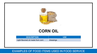 CORN OIL
DESCRIPTION USE
Light-flavored oil made from corn dressings
EXAMPLES OF FOOD ITEMS USED IN FOOD SERVICE
 