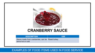 CRANBERRY SAUCE
DESCRIPTION USE
Sauce made from cranberries, can be
serve hot or cold
Roast turkey
EXAMPLES OF FOOD ITEMS USED IN FOOD SERVICE
 
