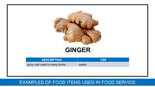 GINGER
DESCRIPTION USE
spicy root used in many forms melon
EXAMPLES OF FOOD ITEMS USED IN FOOD SERVICE
 