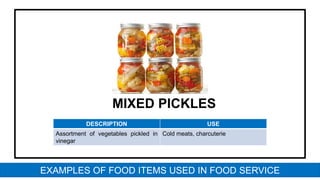 MIXED PICKLES
DESCRIPTION USE
Assortment of vegetables pickled in
vinegar
Cold meats, charcuterie
EXAMPLES OF FOOD ITEMS USED IN FOOD SERVICE
 
