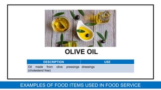 OLIVE OIL
DESCRIPTION USE
Oil made from olive pressings
(cholesterol free)
dressings
EXAMPLES OF FOOD ITEMS USED IN FOOD SERVICE
 