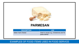 PARMESAN
DESCRIPTION USE
Italian hard cheese Used in soups e.g. minestrone and for
pasta dishes
EXAMPLES OF FOOD ITEMS USED IN FOOD SERVICE
 