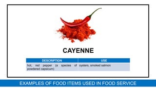 CAYENNE
DESCRIPTION USE
hot, red pepper (a species of
powdered capsicum)
oysters, smoked salmon
EXAMPLES OF FOOD ITEMS USED IN FOOD SERVICE
 