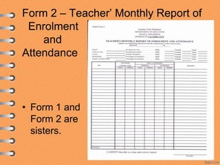 Form 2 – Teacher’ Monthly Report of
Enrolment
and
Attendance

• Form 1 and
Form 2 are
sisters.

 