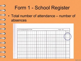 Form 1 - School Register
• Total number of attendance – number of
absences

 