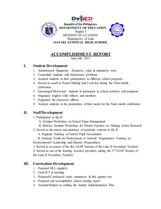 Republic of the Philippines
DEPARTMENT OF EDUCATION
Region I
DIVISION OF LA UNION
Municipality of Luna
OANARI ANTIONAL HIGH SCHOOL
ACCOMPLISHMENT REPORT
June-July 2015
I. Student Development
1. Administered Diagnostic , formative, topic & summative tests
2. Counselled students with behavioural problems
3. Assisted students in their participation in different school programs
4. Served as coach in Poster Making and Cook fest during the Nutri month
celebration
5. Encouraged/Motivated students to participate in school activities and programs
6. Organized English Club officers and members
7. Organized the classroom officers
8. Assisted students in the preparation of their needs for the Nutri month celebration
II. Staff Development
1. Participated in the ff.:
A. Seminar-Workshop on School Paper Management
B. Division Seminar-Workshop for Master Teachers on Making Action Research
2. Served as the emcee and chairman of academic contests in the ff.:
A. Regional Training on School Pupil Government
B. National Youth for Environment in Schools’ Organization Training on
Environmental Leadership and Disaster Preparedness
3. Served as an emcee of the first LEAP Session of the Luna II Secondary Teachers
4. Served as one of the learning resource providers during the 2nd LEAP Session of
the Luna II Secondary Teachers
III. Curriculum Development
1. Prepared DLL regularly
2. Used ICT in teaching
3. Prepared/Constructed topic, summative & first quarter test
4. Prepared and accomplished school reading report
5. Assisted/Helped in crafting the Annual Implementation Plan
 