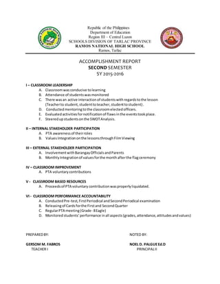 Republic of the Philippines
Department of Education
Region III – Central Luzon
SCHOOLS DIVISION OF TARLAC PROVINCE
RAMOS NATIONAL HIGH SCHOOL
Ramos, Tarlac
ACCOMPLISHMENT REPORT
SECOND SEMESTER
SY 2015-2016
I – CLASSROOM LEADERSHIP
A. Classroomwas conducive tolearning
B. Attendance of studentswasmonitored
C. There wasan active interactionof studentswithregardstothe lesson
(Teacherto student,studenttoteacher,studenttostudent).
D. Conductedmentoringtothe classroomelectedofficers.
E. Evaluatedactivitiesfornotificationof flawsinthe eventstookplace.
F. Steeredupstudentsonthe SWOTAnalysis.
II – INTERNAL STAKEHOLDER PARTICIPATION
A. PTA awarenessof theirroles
B. ValuesIntegrationonthe lessonsthroughFilmViewing
III – EXTERNAL STAKEHOLDER PARTICIPATION
A. InvolvementwithBarangayOfficialsandParents
B. MonthlyIntegrationof valuesforthe monthafterthe flagceremony
IV – CLASSROOM IMPROVEMENT
A. PTA voluntarycontributions
V - CLASSROOM BASED RESOURCES
A. Proceedsof PTA voluntary contributionwasproperlyliquidated.
VI - CLASSROOM PERFORMANCE ACCOUNTABILITY
A. ConductedPre-test,FirstPeriodical andSecondPeriodical examination
B. Releasingof Cardsforthe Firstand SecondQuarter
C. RegularPTA meeting(Grade- 8Eagle)
D. Monitored students’performance inall aspects(grades,attendance,attitudesandvalues)
PREPAREDBY: NOTED BY:
GERSOM M. FABROS NOEL D. PALGUEEd.D
TEACHER I PRINCIPALII
 